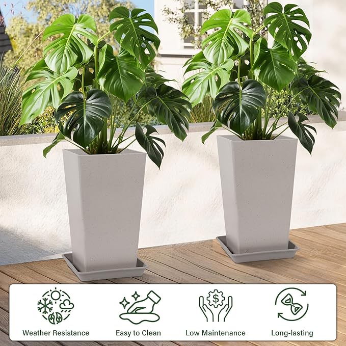 Neoaider Set of 2 Tall Planter, 21 inch Large Plastic Planter with Drain Hole & Saucers, Large Outdoor Planters for Porch, Garden, Patio, Balcony(Light Gray)