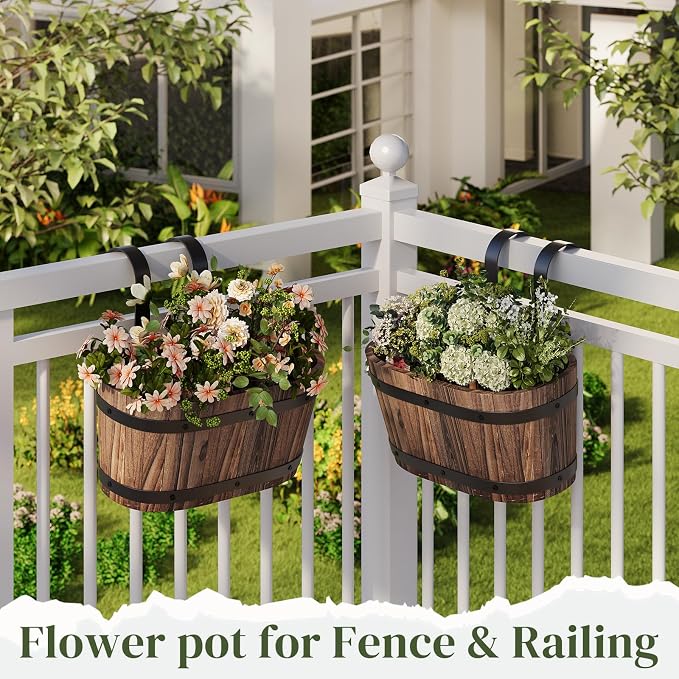 Railing Planters for Outdoor Plants Balcony Hanging Flower Pots with Detachable Hooks, Window Flower Box Hanging Bucket Pots Fence Planters for Garden Home Decor (Carbonized-2pack, Small)