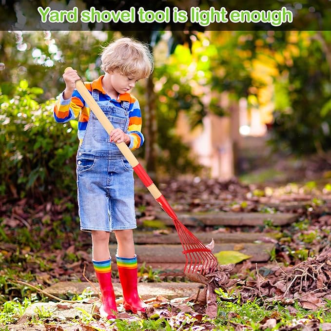 8 Pcs Kids Gardening Tools, Long Shovel, Rake for Leaves, Spade, Hoe, Steel Heads and Real Wood Handle, Yard Tools for Children Toddlers Gifts
