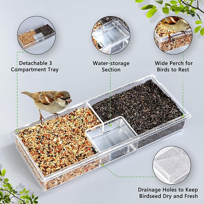 Gbekery Window Bird Feeder for Outdoors with Strong Suction Cups, Acrylic Clear Window Bird Feeders for Viewing with Large Capacity Detachable Seed & Water Tray