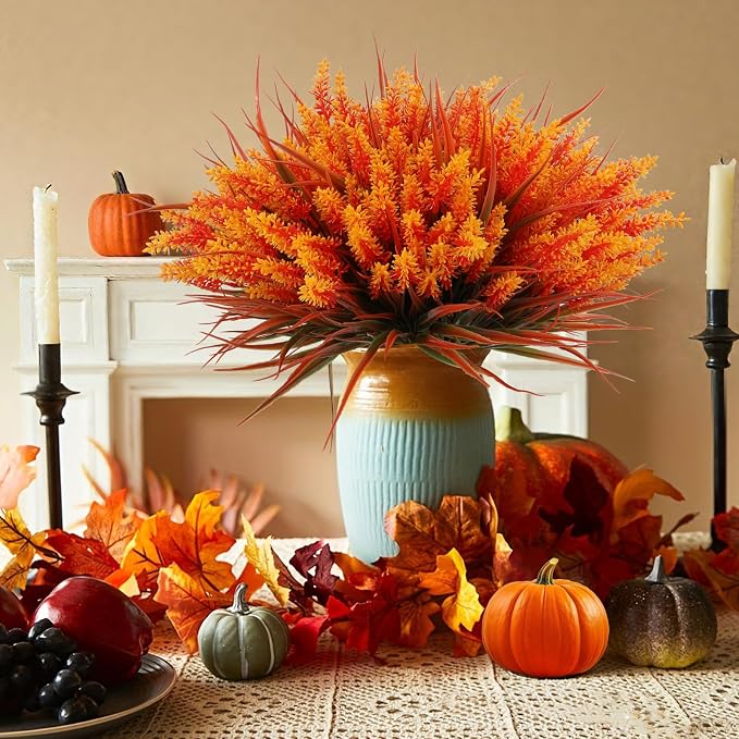 24 Bundles Artificial Fall Flowers Outdoor, Faux Lavender with Monkey Grass | UV Resistant Plastic Faux Plants for Garden Porch Patio Home Decor, Autumn-orange Color