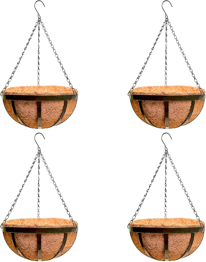 LaLaGreen Outdoor Hanging Baskets for Plants (14 Inch, 4 Pack) Large Hanging Planter with Coco Liner, Round Plant Flat Iron Metal Flower Pots for Deck Patio Porch Garden Balcony Outside Decoration