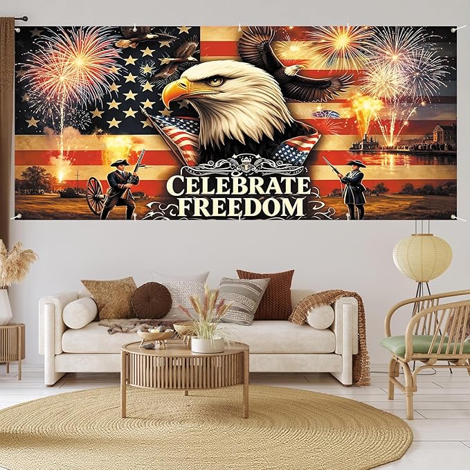 7 * 16FT Summer Garage Door Cover Decorations Sunset Palm Trees Garage Door Banner for Outdoor Indoor Summer Party Photography Backdrop (celebrate freedom, 7 * 16 ft)