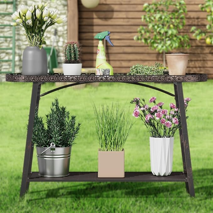 2 Tier Plant Stand Outdoor Indoor Metal Pland Stand, Heavy Duty Tall Plant Shelf Rack Display Flower Pot Holder for Patio Garden Balcony Living Room, Distressed Vintage Black