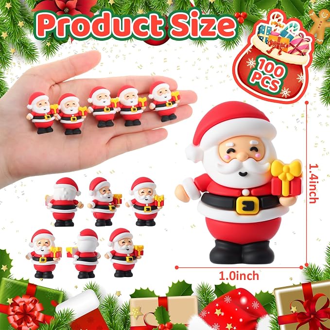 Chunful 100 Pcs Christmas in July Mini Santa Figurines Holding a Gift Tiny Santa Rubber Figure to Hide and Seek Small Statue Xmas Party Supplies Gifts for Xmas Fairy Garden Home Table Decor (Gift Box)