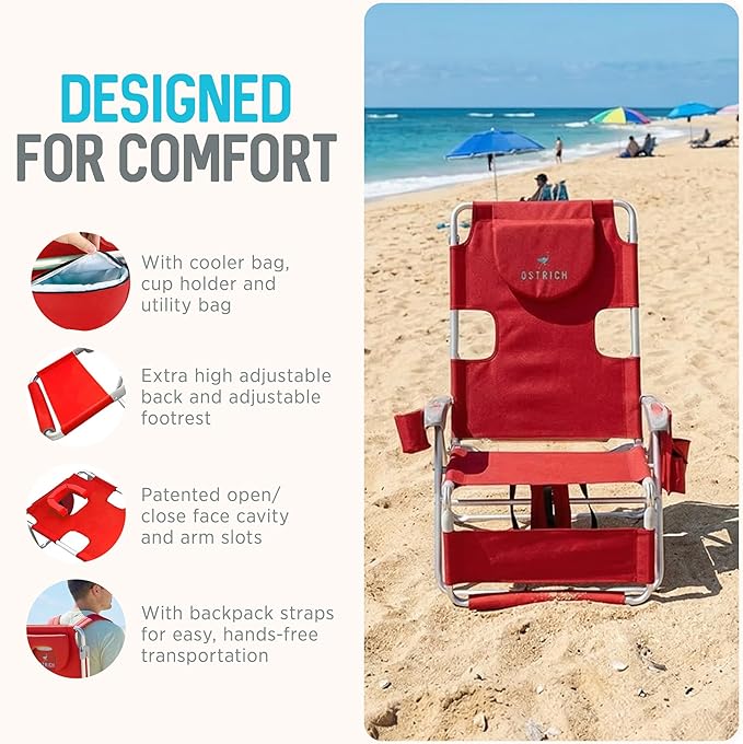 Ostrich the Backpack 3N1 Portable Chair with Cooler Bag and Reclining Lounger for Tanning, Camping, Beach, and Outdoor Essential, Red