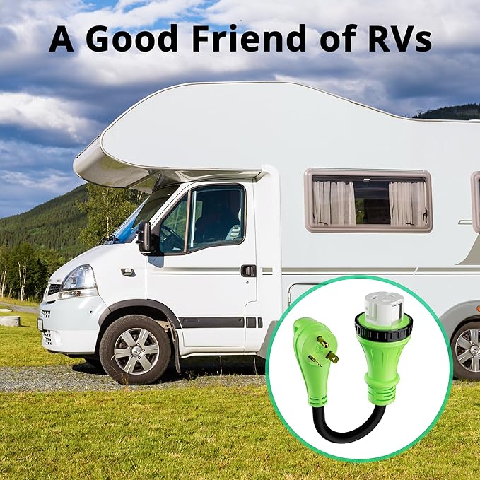 RV Adapter Plug 30 Amp to 50 Amp Cord with Locking Connector, NEMA TT-30P Male to SS2-50R Female, STW, 10AWG, Heavy Duty Electrical Power Cord, 125 Volts 3750 Watts, 1FT, Green