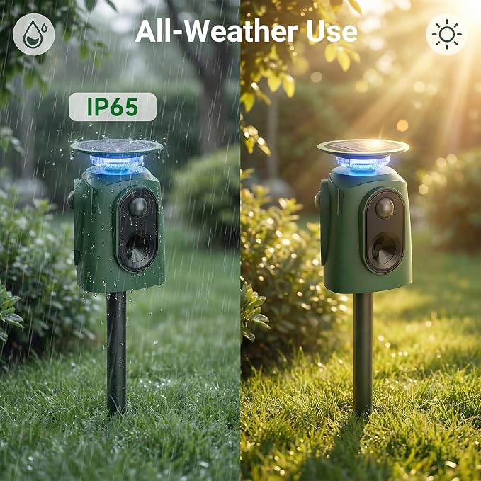 Solar Powered Cat Repellent Ultrasonic Deer Repellent 360 Degree Animal Deterrent Waterproof Squirrel Repeller with Flashing Light Outdoor Skunk Repellent Outdoor Yard Lawn Garden