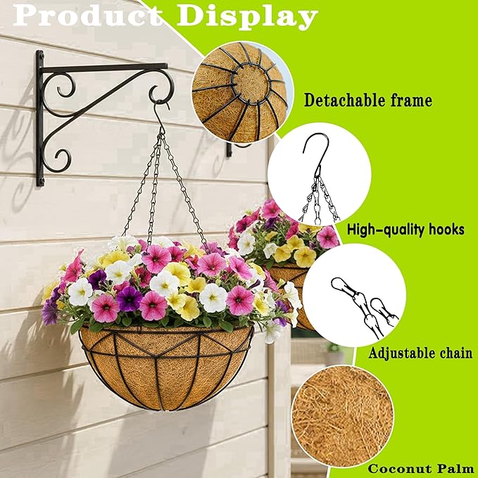 4 Pack 16 Inch Black Wire Hanging Planter with Coir Fiber Outdoor Round Hanging Basket with Metal Chain for Balcony Porch Farmhouse Country Style Garden Decor (Geometric)