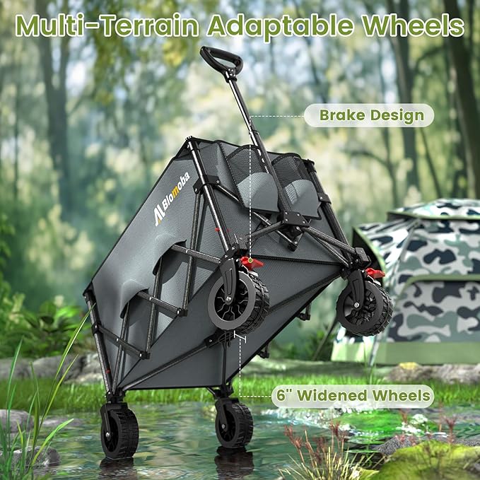 Blomoba Collapsible Wagon Cart, 150L Heavy Duty Foldable Beach Wagon with Wider Wheels & Auto-Rebound Handle, Utility Grocery Shopping Cart for Garden, Shopping, Camping, Sports, Gray