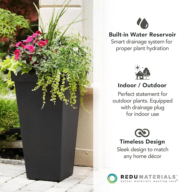 Tierra Verde Indoor & Outdoor Self-Watering Square Planter, Symphony, 15" x 28", Black - Planting Containers for Plants and Flowers - Gardening and Landscaping Accessories