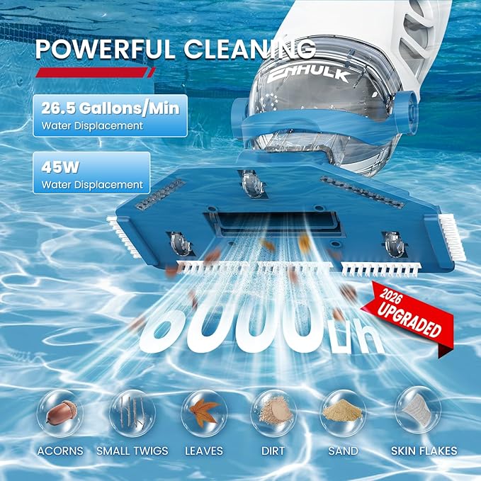 ENHULK Pool Vacuum for Above Ground Pool with 9' Extension Pole, 4 Filters, 26.5 Gallons/Min Powerful Suction, 1H Runtime, Cordless Handheld Pool Cleaner for Above/Inground Pools, PC68 Pro