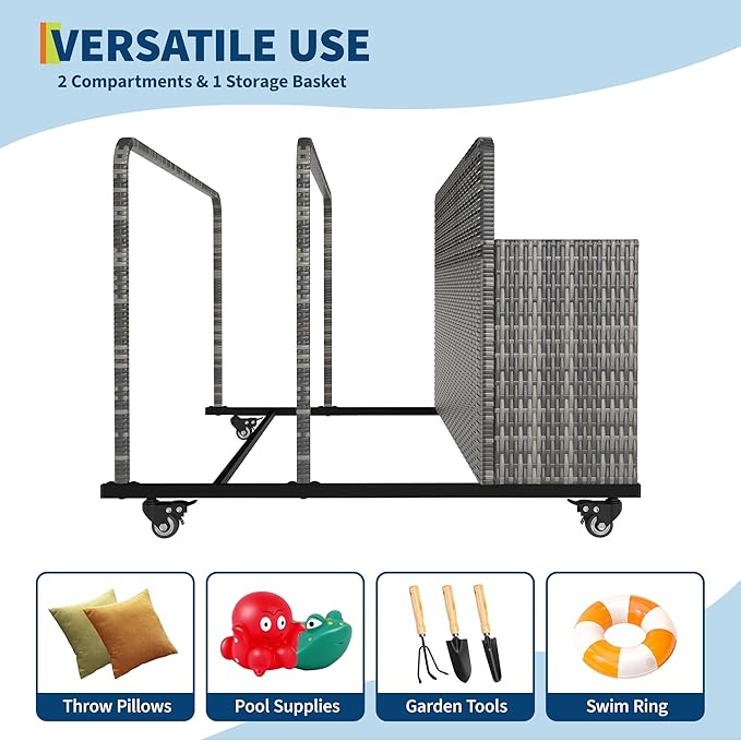 Pool Float Storage Organizer with Rolling Wheels, Outdoor Wicker Rattan Pool Caddy & Toy Storage Basket, All-Weather PE Rattan Holder for Pool Noodles, Life Vests, Beach Balls, Equipment, Patio Deck