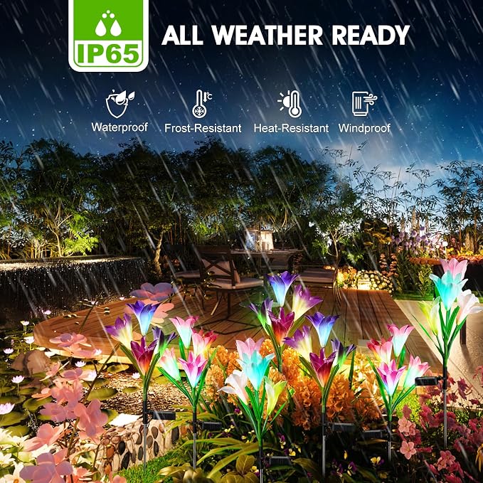 10 Pack Solar Garden Lights Outdoor, 7 Color Changing LED Waterproof Solar Powered Lily Flowers Landscape Lights for Outside Yard, Patio, Pathway Decorative, Décor