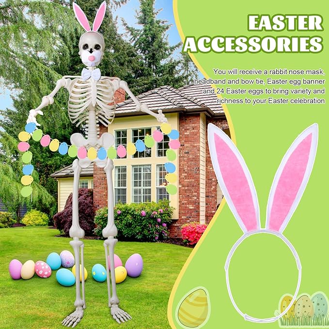 Suzile 4 Pcs 12 ft Skeleton Easter Bunny Accessories Extra Large Easter Headband Bunny Nose Bowtie Decoration Egg Garland for 12 ft Skeleton Outfit Garden Lawn Spring Outdoor Decor