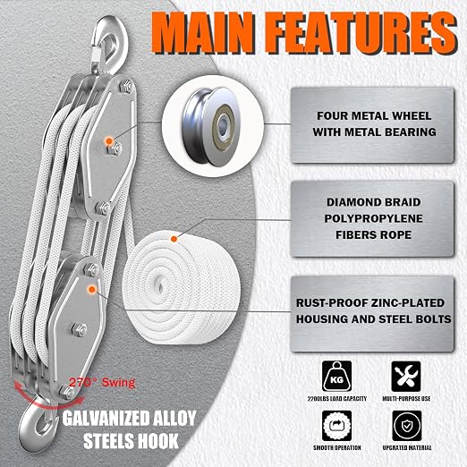 YATOINTO Rope Hoist Pulley System, 2200LB Pulley Block and Tackle, 6:1 Ratio Lifting Power 50ft, Heavy Duty Pulley Block for Hunting Lifting Heavy Objects Garage Warehouses Building
