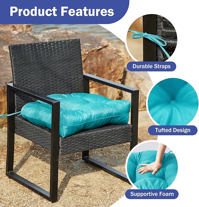 IPYNBAP Outdoor Chair Cushions Set of 4, Patio Chair Cushions with Ties, 19x19+5” Tufted Outdoor Seat Cushions, Waterproof Patio Furniture Cushions, Outdoor Dining Chair Pads, Teal