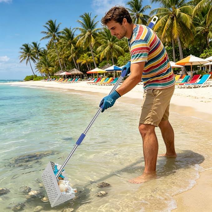 Sand Flea Rake, 65 Inches Long Handle, Stainless Steel Shark Tooth Sifter, Detachable 11-Inch-Wide Drainage Mesh Beach Sand Sifter for Collecting Sand Fleas, Shells and Shark's Teeth