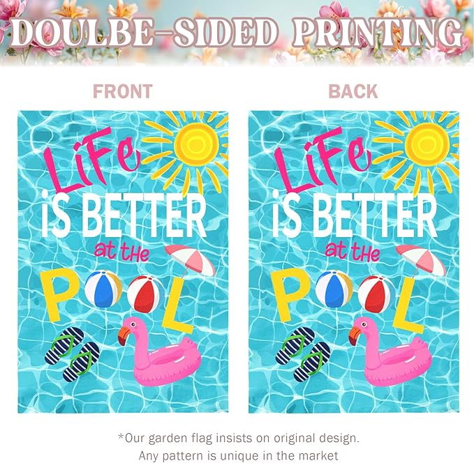 Life Is Better at the Pool Large House Flag Summer Pool Party Outdoor Double Sided Poolside Garden Flags Swimming Pool Flamingo Beach Ball Sunshine Yard Banner Porch Patio Decor 28 x 40 Inch
