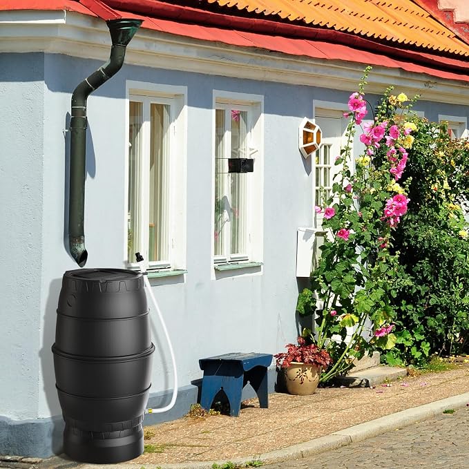 45 Gallon Rain Barrel with Stand for Gutter Rainwater Collection, BPA-Free Water Storage Barrel with Mesh Screen, Spigot and Overflow Valve for Garden Watering and Outdoor Use