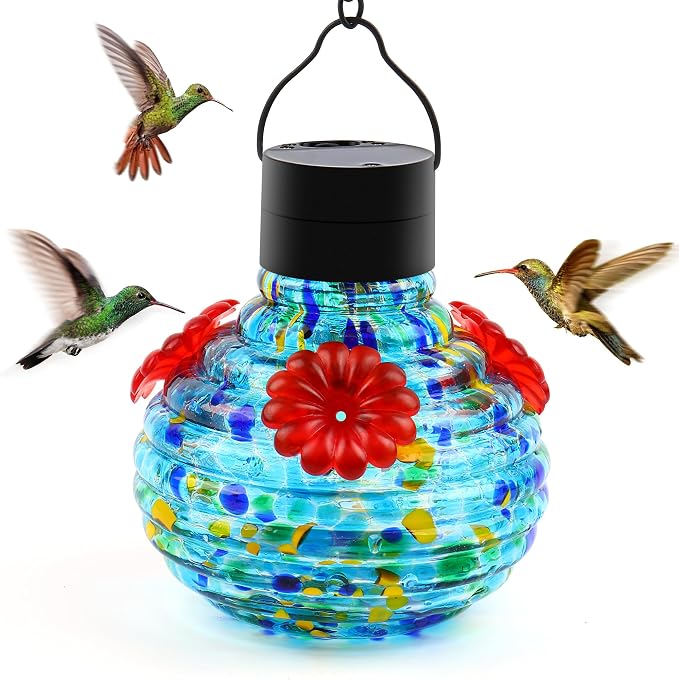 VOREEN Solar Hummingbird Feeder with Solar-Powered LED Light, Hand-Blown Glass 17 oz Hanging Outdoor Nectar Feeder, Waterproof Rust-Proof Easy-Clean Design, Eco-Friendly Garden Decor
