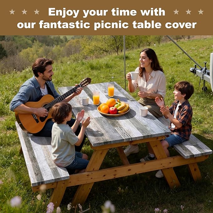 Picnic Table Cover with Bench Covers 6FT Farmhouse Waterproof Windproof Fitted Outdoor Wood Tablecloth with Elastic Rectangle Table Cloth Camping Essentials (Brown)