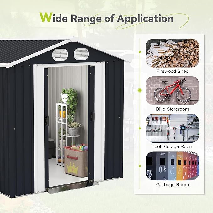 KEIKI 8x6 FT Outdoor Storage Shed, Metal Garden Shed, Heavy Duty Tool Shed, Lockable Weatherproof Storage House with Air Vents for Backyard Patio Outdoor Storage, Dark Gray
