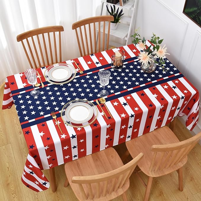 Classic 4th of July Tablecloth Fabric - Oblong 58x120 Water Resistant Chequered Memorial Table Cloth for Indoor/Outdoor Use - Tabletop Cover for Birthday, Picnics, Gardens, and Parties