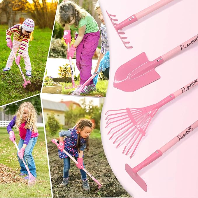 Altdorff Kids Gardening Tool Set Pink, Kid Rake and Shovel Set, 29.6'' Metal Leaf Rake, Shovel, Hoe and Mini Garden Yard Tools, Gardening Toy Gift for Kids Age 3+ Years(Pink), Develop Intelligence