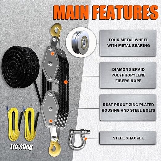 YATOINTO Upgraded Rope Hoist Pulley System, 4400LBS Block and Tackle with 304 Stainless Steel Shackle 2PCS Lift Sling, 8:1 Power 65ft Heavy Duty Pulley Block for Lifting Garage Warehouses Building