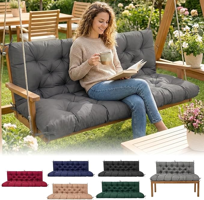 Porch Swing Cushions 60 Inch Waterproof,2 3-Seater Replacement for Outdoor Furniture with Backrest and Straps, Thick 4" Swing Seat Bench Cushion for Loveseat Glider Bench Patio Lawn Backyard