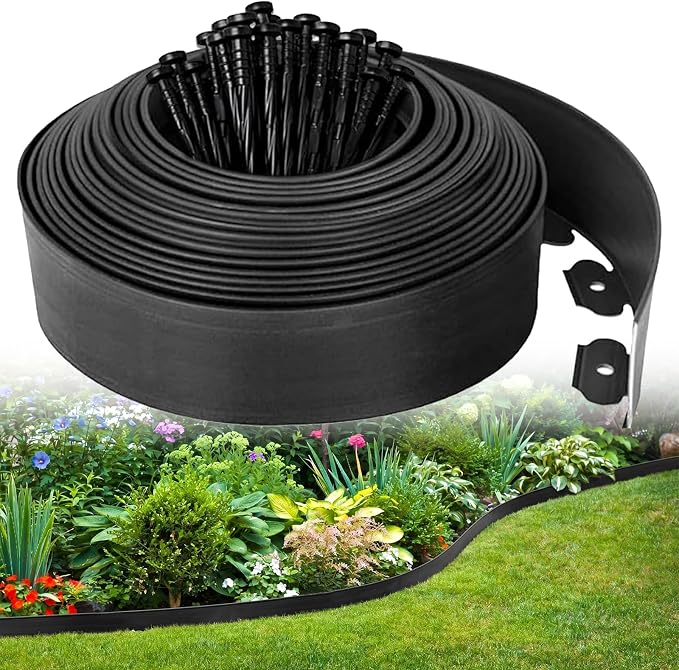 Landscape Edging 66FT,4IN High Garden Edging Borders,Lawn Edging Kit with 100 Spikes, Plastic Fence Edge DIY for Yard, Tree, Flowerbeds, Landscaping, Grass -Black ﻿