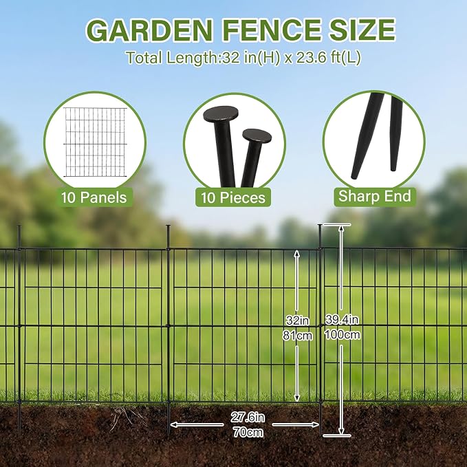 10 Panels No Dig Decorative Outdoor Garden Fence, 32in (H) x 23.6ft (L) Rustproof Metal Wire Rabbit Dog Garden Border Fencing for Yard, Animal Barrier with Ground Stakes for Patio