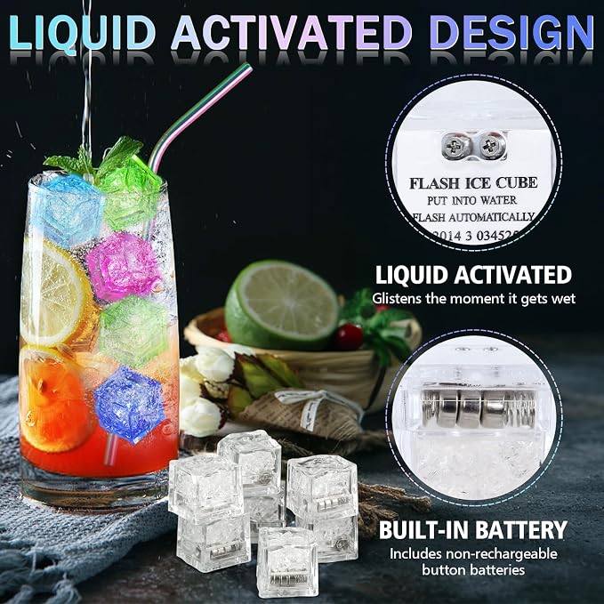 80 Pack Light Up Ice Cubes for Drinks, Liquid Activated LED Ice Cubes with 5 Straws, Reusable, Food-Grade Multi-Color Glowing Ice Cubes for Bars, Clubs, Wedding, Bath Decorations