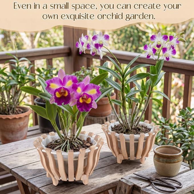 2 Sets Rustic Orchid Pots with Holes, Orchid Hanging Planter with Hangers, Wooden Lotus Flower Shape 10 & 8 Inch Specialist Hanging Baskets for Outdoor Patio Garden