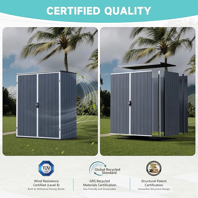 Greesum 5X3FT Plastic Storage Shed with Floor, Resin Outdoor Storaged Shed with Lockable Door, Easy Assembly All-Weather Tool Sheds for Garden, Backyard, Patio, Dark Gray (4.7×2.5FT)