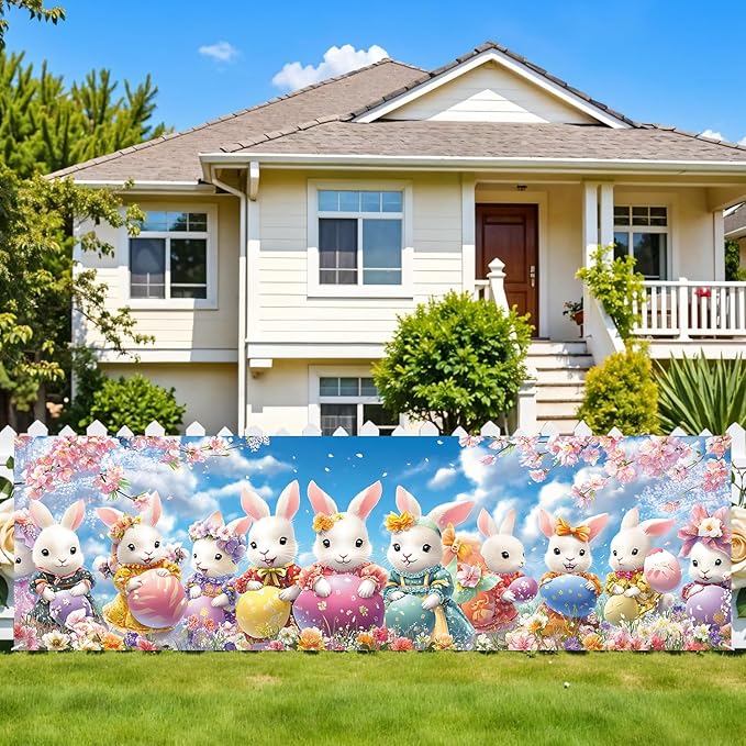 10x3 ft Extra Large Happy Easter Banner Outdoor 115''x35'' Cut Rabbit Banner for Fence Outside Garden Large Bunny Banners Yard