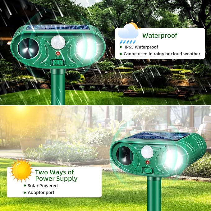 2026 Upgraded Solar Animal Repellent Outdoor 2 Pack – Ultrasonic Deer Deterrent Devices with Motion Sensor Strobe Light, IP65 Waterproof Cat Raccoon Rabbit Squirrel Repeller to Protect Yard Garden
