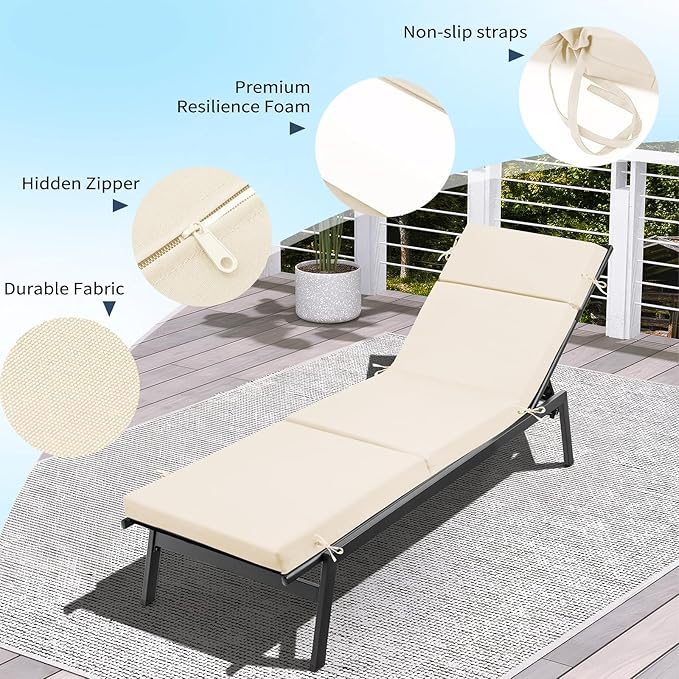 Outdoor Chaise Lounge Cushion 72" x 21" x 3", 4-Section Folding Patio Lounge Chair Cushion with Ties, Waterproof & Fade Resistant Replacement Cushion for Pool, Patio, Deck (Beige, 2 Pcs)