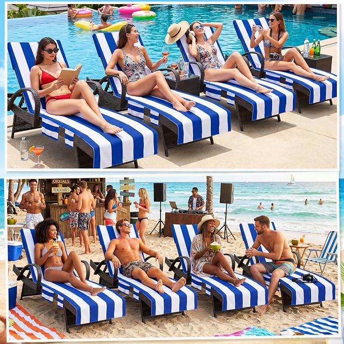 4 Pack Lounge Chair Towel Covers Striped Beach Chair Covers with Pockets Absorbent Microfiber Chaise Lounge Slipcover for Patio Pool Sun Lounger, 83 x 29.5 Inch
