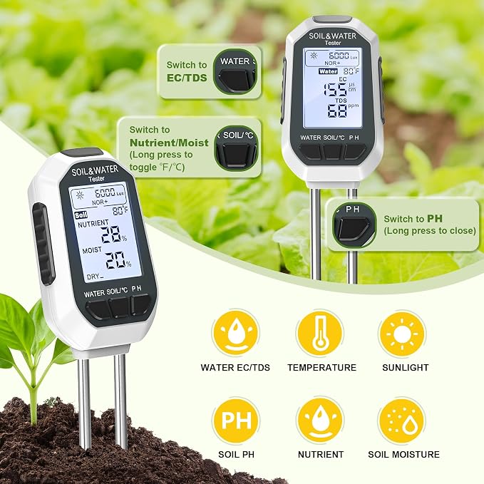Soil Moisture Meter, 7-in-1 Digital Plant Water&Soil with EC/TDS/Fertility/PH/Temp/Mois/Sunlight Intensity Backlight LCD Display Soil Test Meter for Gardening, Farming and Outdoor Plants