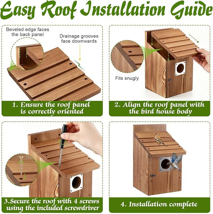 Dreyoo 4 Pack Bluebird Houses for Outside with Metal Predator Guard, 1-1/2" Entrance Hole Wooden Blue Bird Houses for Outdoors, Bluebird Nesting Box(Burnt Wood)