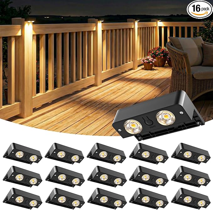 Bridika Solar Fence Lights Outdoor 16 Pack, Bright Solar Deck Lights with Lens, 3 Color Modes IP65 Waterproof Large Size Step Lights for Outside, Fence, Stair, Backyard, Patio, Wall