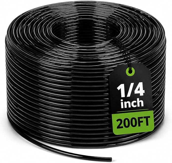 Bonviee 200ft 1/4 inch Drip Irrigation Tubing – Flexible, Durable Garden Watering Hose, Compatible with 1/4" Barbed Tee Fittings, Micro-Emitters & Misters, Easy Install for Home Garden & Raised Beds