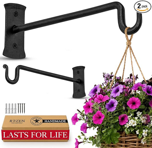 RTZEN Plant Hangers Outdoor or Indoor - Wrought Iron Metal Hanger Indoor Hook - Heavy Duty Wall Bracket Hooks for Hanging Plants Baskets Lanterns Bird Feeders - 2 Pack (Black Shepherds Hooks 10")