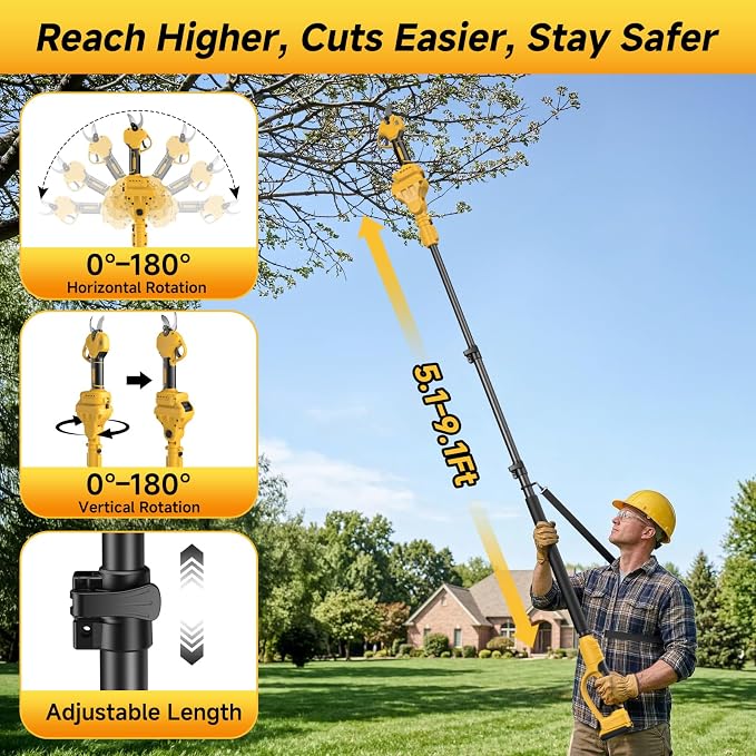 2-in-1 Electric Pruning Shears with Extension Pole Compatible with Dewalt 20V Max Battery(No Battery), Cordless Power Pruner with 15 FT Reach, 1.2" Cutting Diameter, LCD Display for Tree Trimming