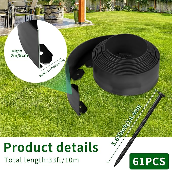 Landscape Edging 2 in x 33 Ft, No Dig Garden Edging Border Kit with 61 Pcs Spikes for Garden Flower Bed Lawn Yard Grass Pathway, Black Flexible PE Material