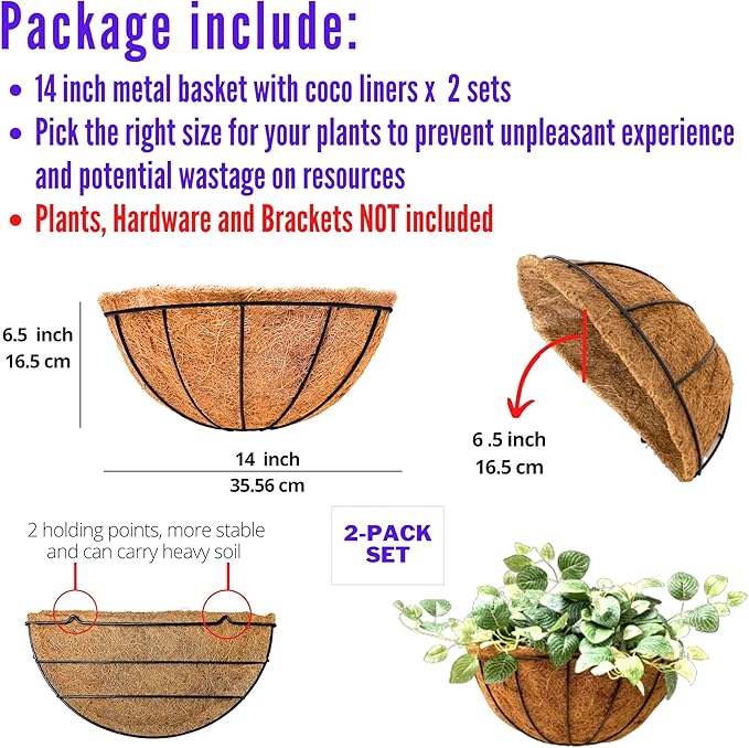 LaLaGreen Wall Planters for Outdoor Plants (2 Pack, 14 Inch) Large Hanging Planter with Coco Liner, Metal Round Wire Flower Basket Outside Fence Railing Plant Pots Holder Deck Porch Balcony Decor