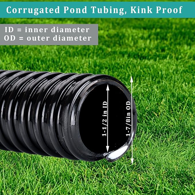 Pond Hose ID 1-1/2” × 50ft Black Corrugated Flexible Reinforced PVC Hose Vinyl Tubing for Pond Pump Fountain Garden Waterfall, Non-toxic & Kinkproof, with 2 clamps