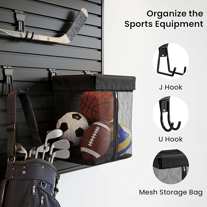 Smartstandard 29PCS Slatwall Accessories, Includes 3PCS Bike Hooks, 2PCS Wall Baskets, 1PC Shelf, 1PC Large Mesh Storage Bag and 22PCS Multi Shapes(J/U/Straight) Hooks, Accessory for Sports
